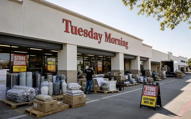 Tuesday Morning store-closing liquidation scene with red storefront sign, home decor inventory, pallets, and staff.