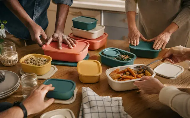 A logo-free overhead scene of reusable food-storage containers arranged for a home demonstration.