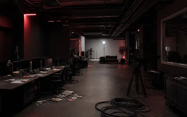 A logo-free black-and-red newsroom and video studio standing empty after a shutdown.