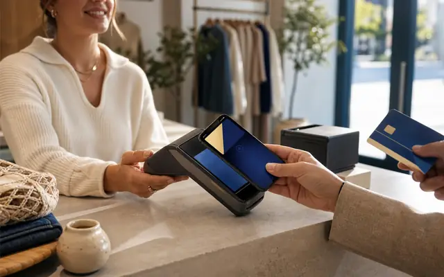 Photorealistic retail checkout with contactless payment terminal and blue-gold payment acceptance cues.
