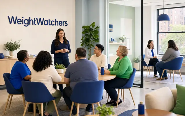 A branded WeightWatchers workshop and clinical consultation environment with blue identity cues and members using the program.