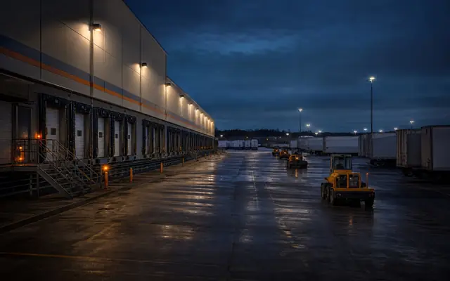 A logo-free freight terminal with silent docks, idle yard tractors, and generic trailers after shutdown.